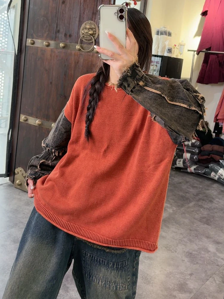 Amax LuluE 2025 Fall Fashion Women Denim Patchwork Sweaters Loose Vintage Knitted Pullover Ladies Casual Big Size O Neck Jumpers