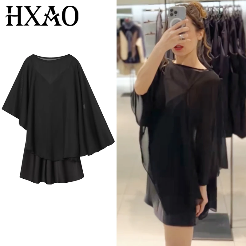 HXAO Asymmetrisches Satinkleid Damenkleider Mini Layered Cape Kleid Schickes schwarzes Cocktailkleid mit O-Ausschnitt Kurze Kleider Elegantes Partykleid