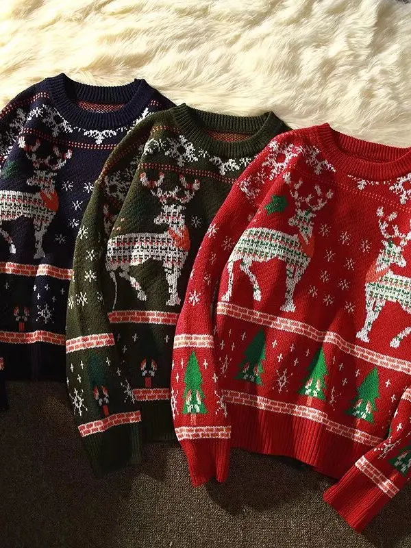 Suéter de Punto Hoado Estilo Navideño Fair Isle, ex, para Estudiantes y Parejas, Manga Larga, Cuello Redondo, Abrigo Cá...