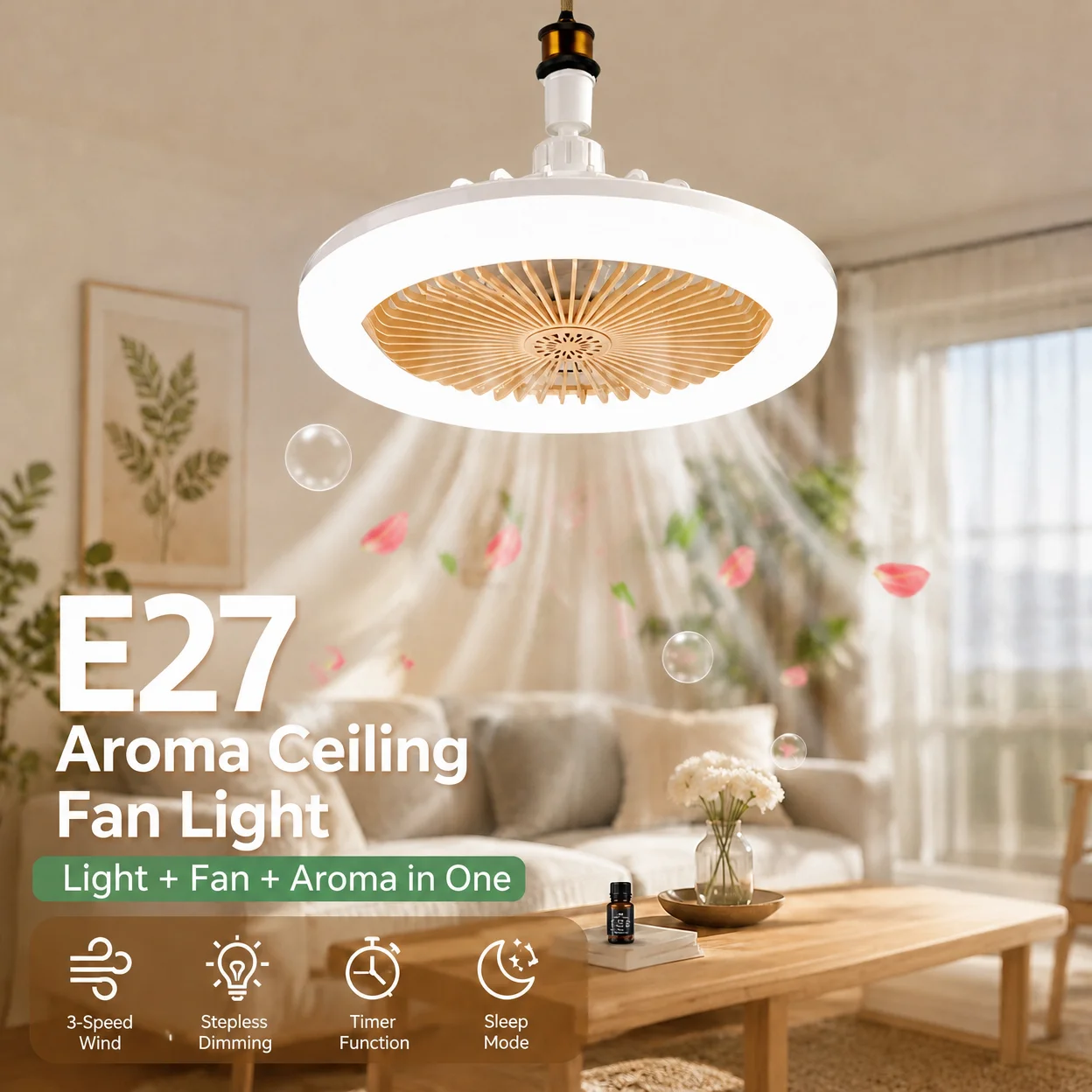 E27 LED Fan Light with Aroma 3 Speed Ceiling Fan Lamp Dimmable Timing Mode Remote Control Bedroom Dining Room Lighting Fixture