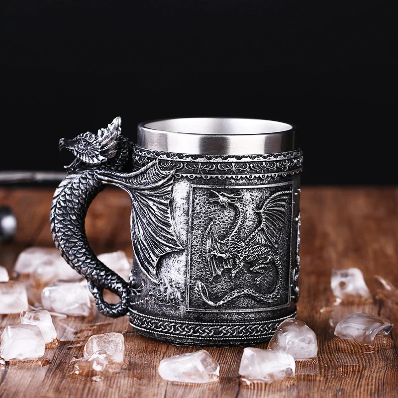 Retro Dragon Resin Stainless Steel Beer Mug Skull Knight Tankard Halloween Coffee Cup Creative Viking Tea Mug Pub Bar Decoration