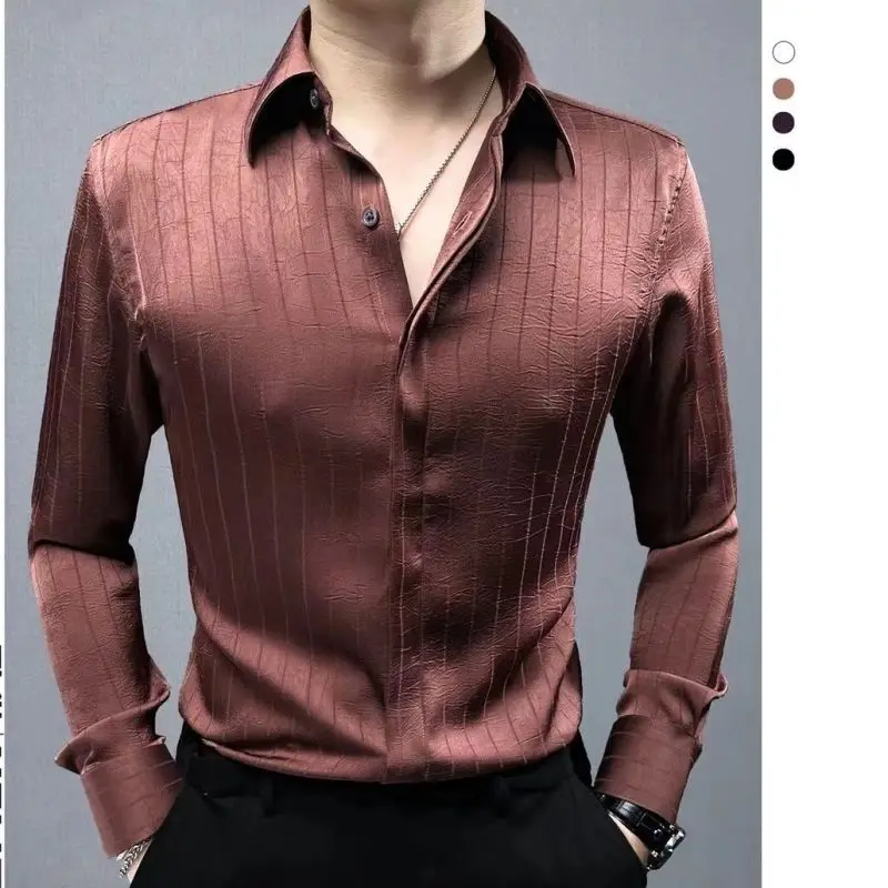 

Spring Autumn New Stripe Polo-Neck Button Casual Long Sleeve Fashion Handsome Slim Fit Draped Dark Pleated Men's Shirt Top