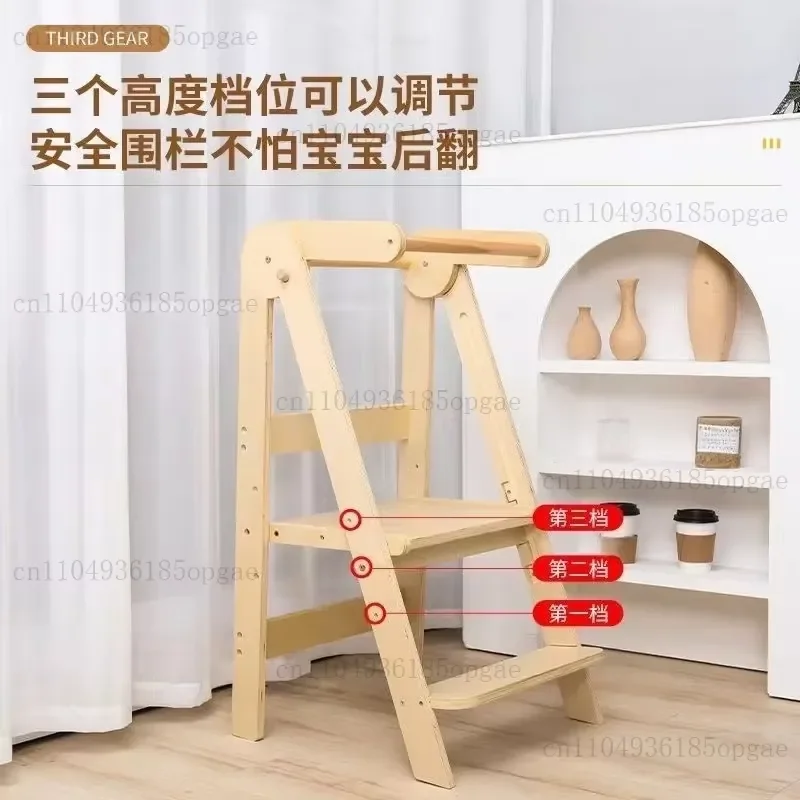 Birch Multi-layer Foldable Ladder Stool With Adjustable Climbing Ladder, Anti Slip Handle, For Home And School Use