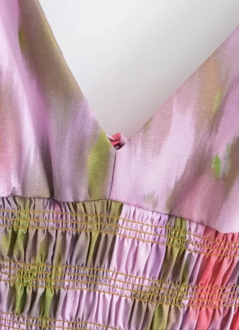 여성용 민소매 백리스 V넥 원피스, 섹시 프린트 하이 웨이스트 캐미솔 롱 드레스, 2024 여성용 하이 스트리트웨어 로브, 패션