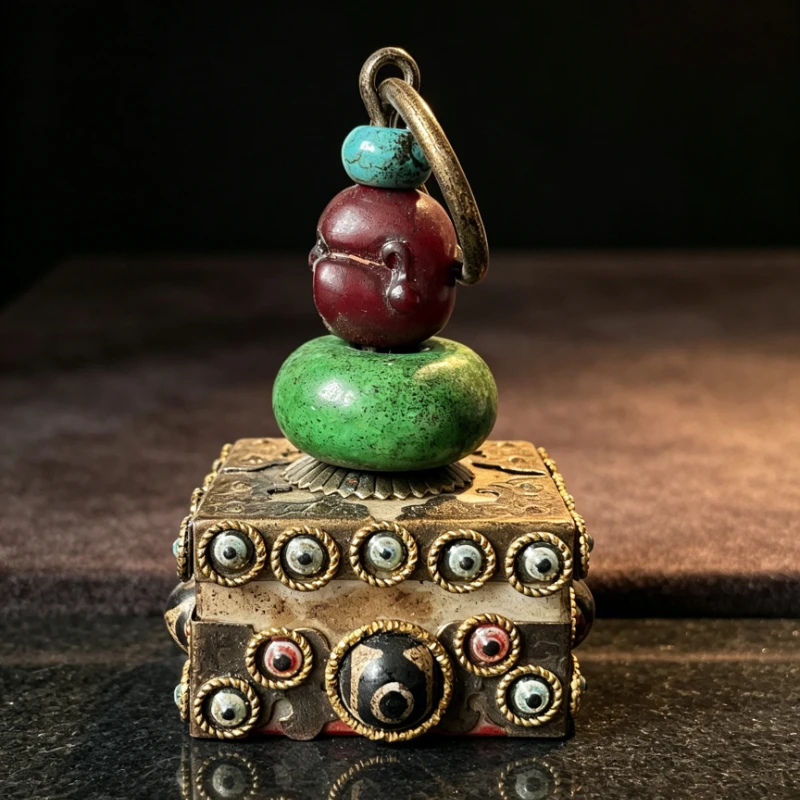 Antique Tibetan Bla Iron Meteorite Inlaid with Multi-treasure Heavenly Bead Hand-held Decorative Piece Maitreya Seal
