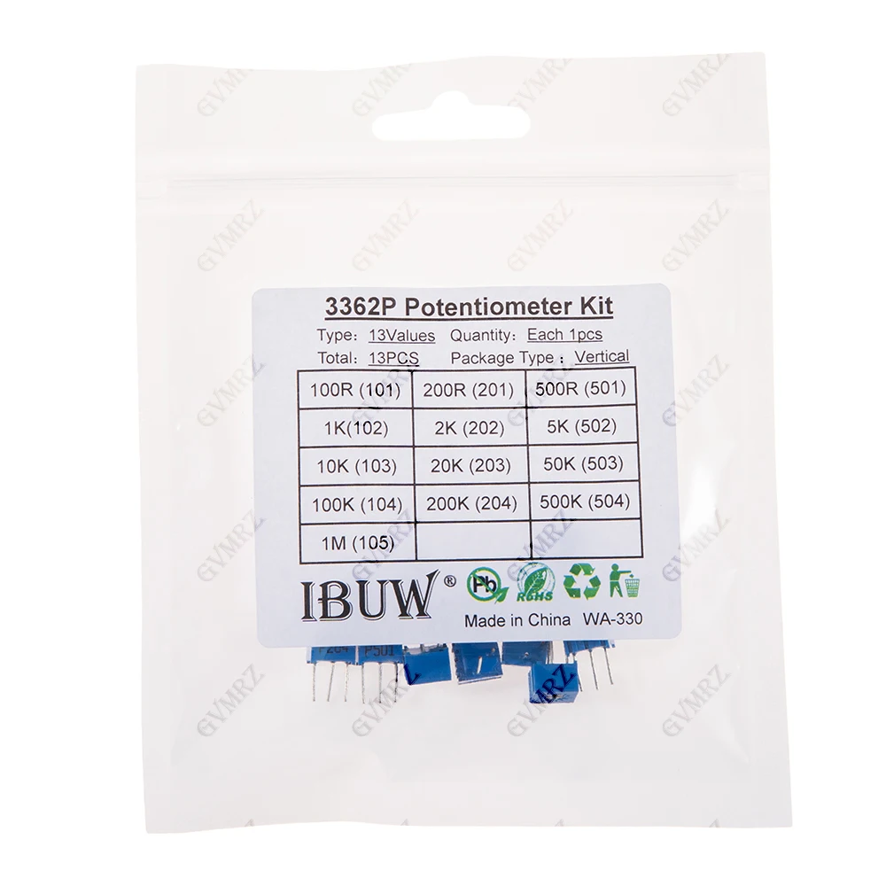 13PCS 3362P Potentiometer Kit 13Values 100R-1M 1k 10k Variable Resistor for Electronics Projects 200K 500K