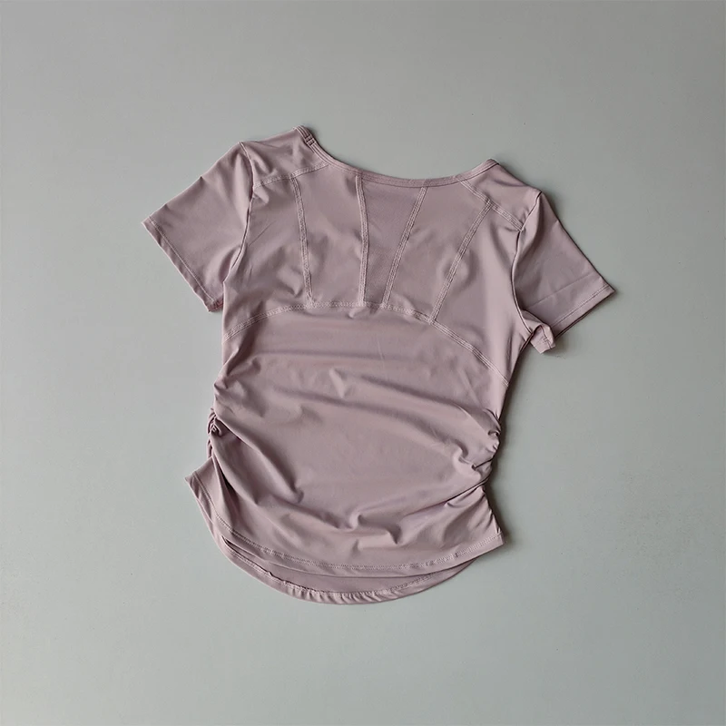 Sportliches Kurzarm-Sommer-Oberteil für Damen mit Taillenbetonung, Fitness-Trainings-Top mit Mesh-Einsätzen, atmungsaktiv, schnelltrocknend, Yoga-Anzug T-Shirt – Detail 6