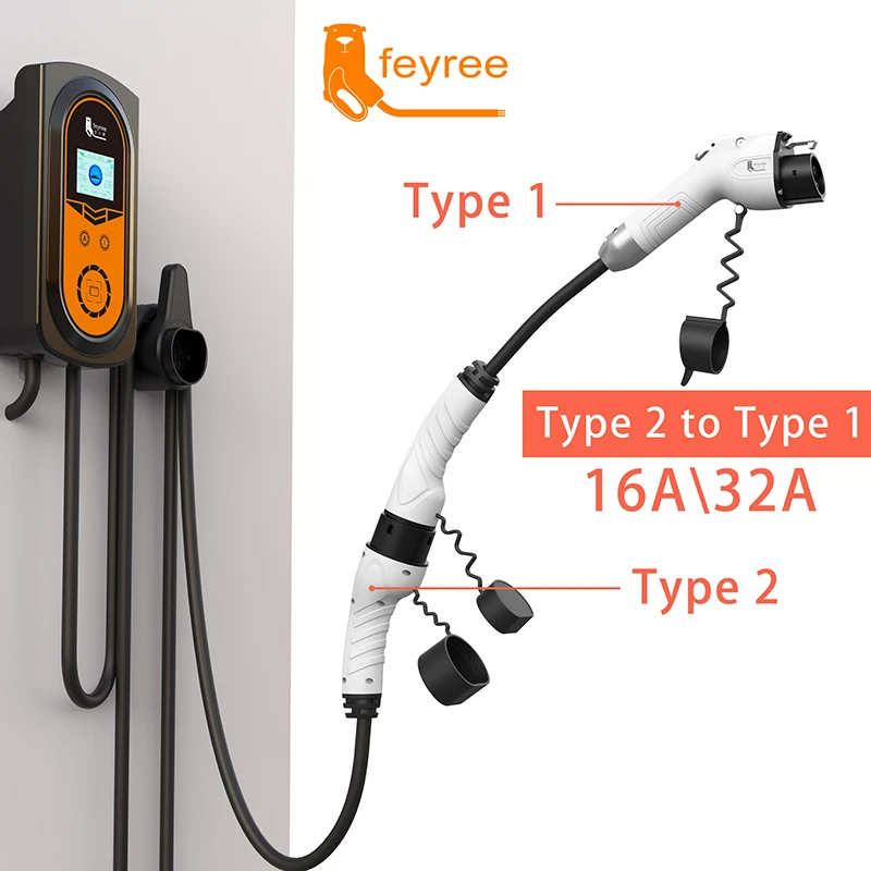 feyree Power Supply Side Type2 to j1772 Type1 Car Side Charging Adapter for Electric Vehicle Car EV Charger Plug 16A 32A 1Phase