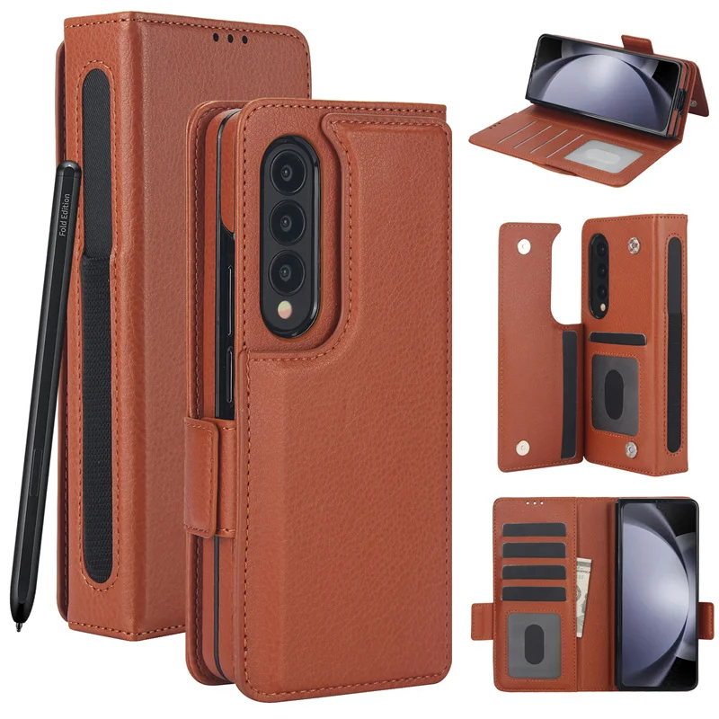 

Leather Foldable Card Insert Pen Slot Phone Case For Samsung Galaxy Z Fold 6 5 3 4 With Card Holder MultiFunctional Stand Cover
