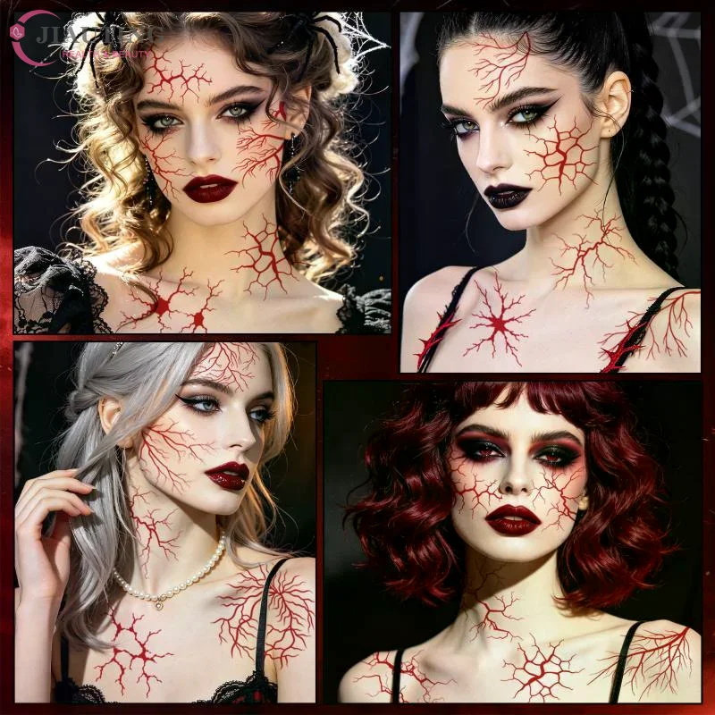 30 Sheets Realistic Vein Design Face Tattoo Body Art Large Halloween Red Bolt Temporary Tattoo Sticker For Halloween Makeup