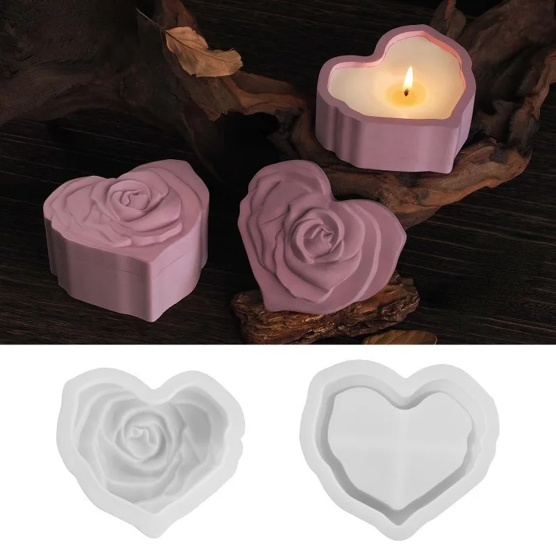 Heart Shape Rose Storage Box Silicone Mold with Lid DIY 3D Carved Rose Candle Jar Concrete Cement Mould Epoxy Resin Plaster Mold