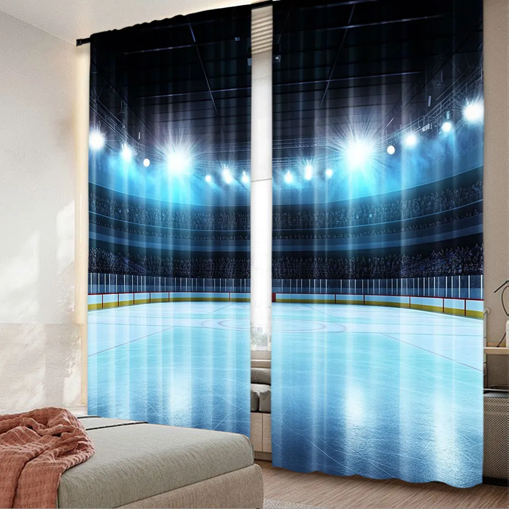 2Pcs Ice Hockey Sport Curtain Hockey Stadium Arena Ice Rink Stage Lights Spotlight Window Drapes Suitable For Bedroom Bathroom