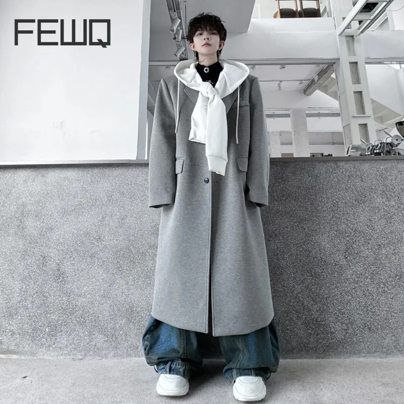 FEWQ Men's Woolen Overcoats Korean Style Detachable Hooded Drawstring Single Breasted Contrast Color Male Long Trench 9C7977