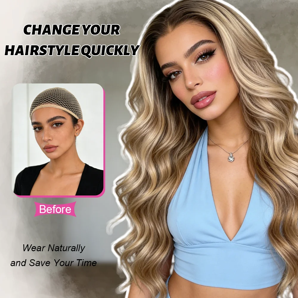Ombre Ash Blonde Wig for Women Long Wavy 13x4 Lace Natural Hairline Glueless for Beginners Middle Part Synthetic for Party Use
