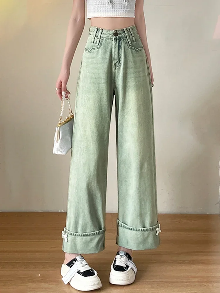 

Summer Vintage Chicly Washed Distressed Street Women Jeans Classic High Waist Loose Fashion Simple Vintage Female Wide Leg Pants