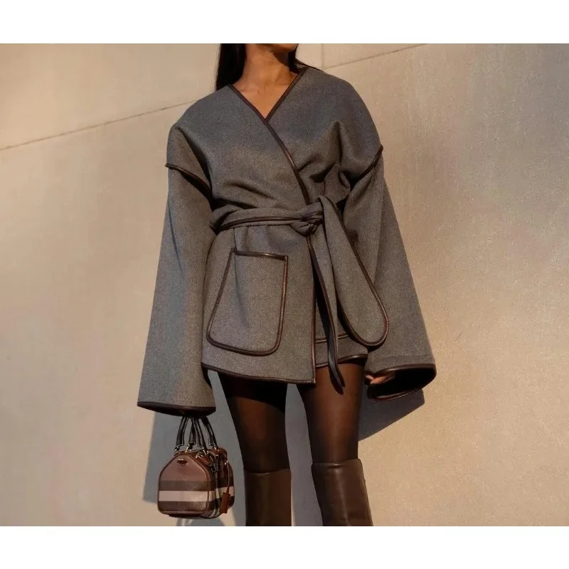 European and American 2025 Autumn Women's Irregular Strap Short Coat Elegant Retro Grey Belt Commuter Coat
