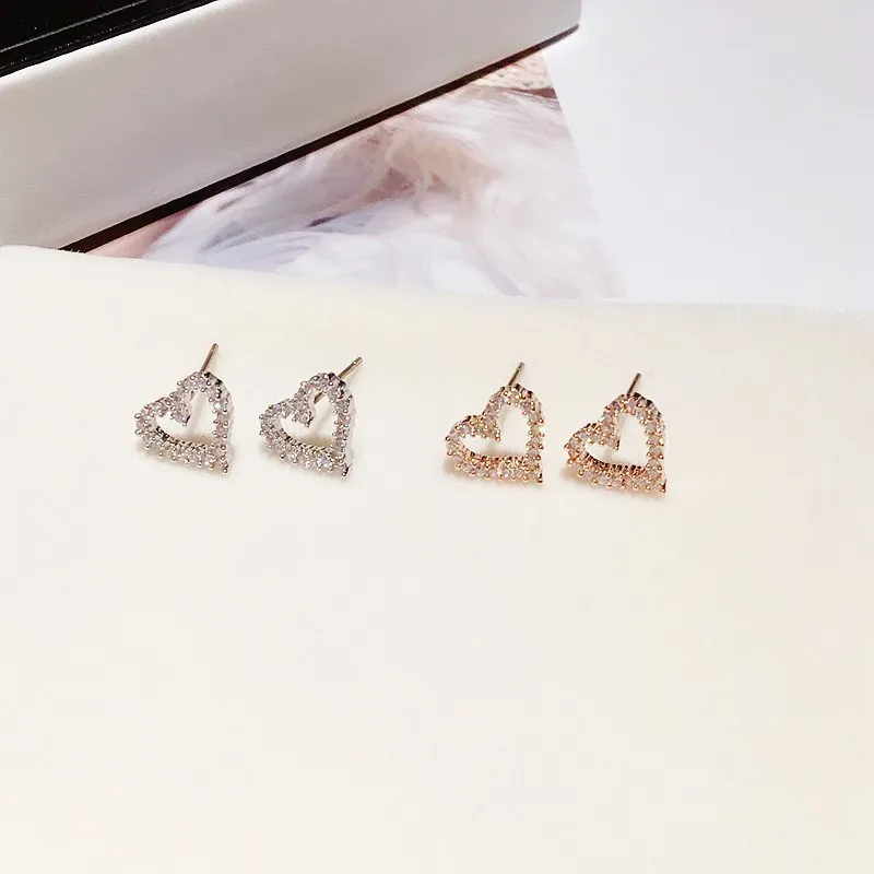 Korean Earrings S925 Silver Color Heart Bling Zircon Stone Stud Earrings for Women Fashion Jewelry Trend