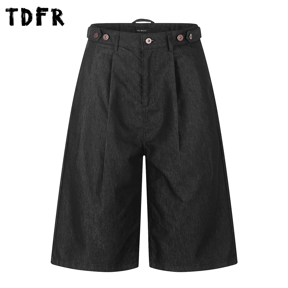 Pleated Cargo Pants Mens Pocket SolidColor Summer Retro Casual Baggy Wide Leg Cropped Pants Man