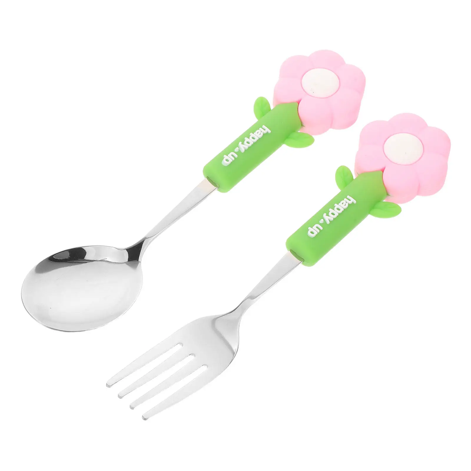 

2pcs Kids Fork Spoon Set Stainless Steel Toddler Utensils Silicone Handle Baby Feeding Cutlery For Weaning Daily Use Travel