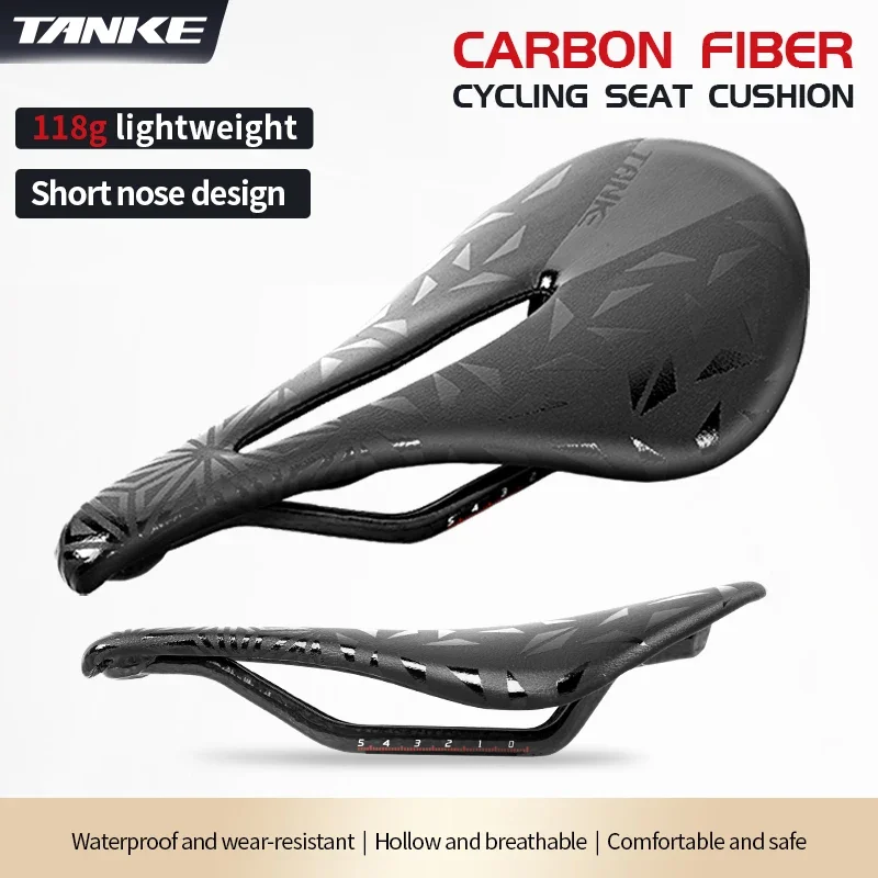 TANKE Carbon Fiber Bicycle Saddle Hollow MTB/Road Bike Seat PU Breathable Soft Cushion Short Nose Design Road Events Safe Parts