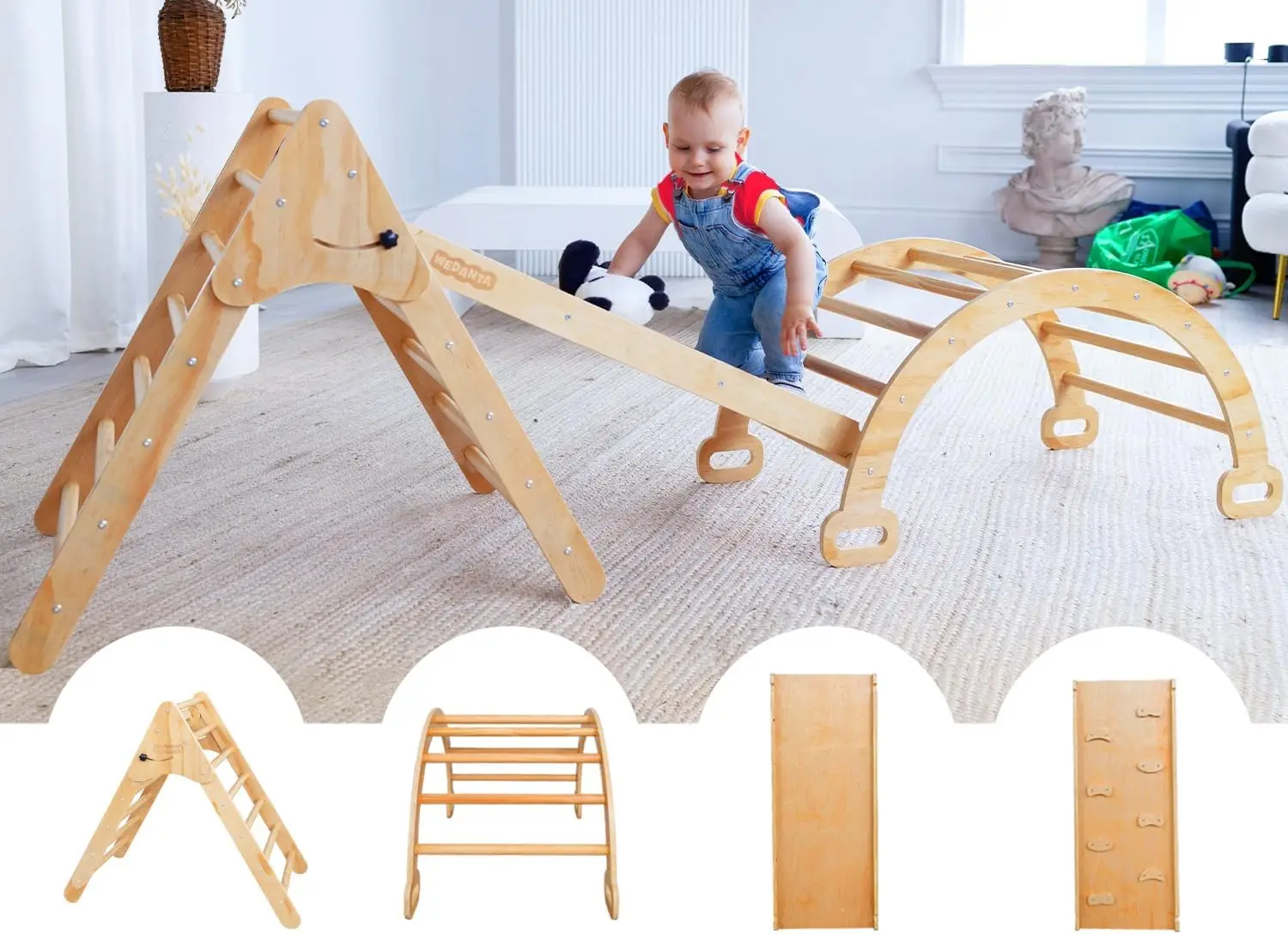 Foldable Climbing Toys Toddlers 4 in 1 - Pikler Triangle Climber Ramp Arch - Wooden Toddler Set 3 in 1 - Montessori Set - Pickle