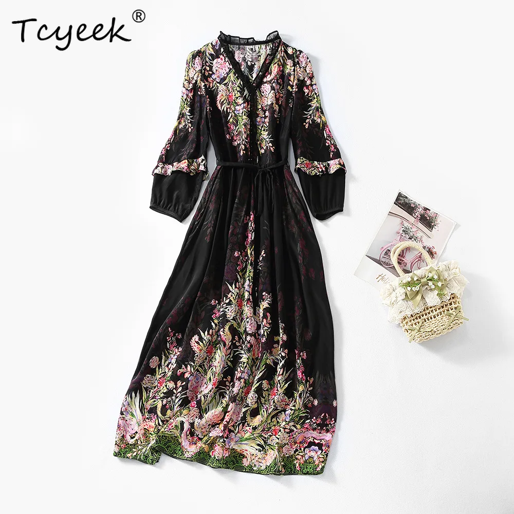 

Tcyeek 100%Real Silk 2023 Spring Summer Dresses Women Black Floral Dress A-line V-neck Elegant Vintage Long Dresses D37606QM