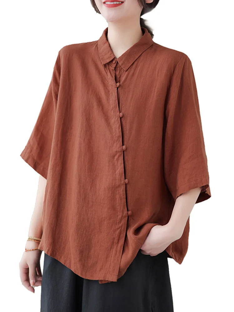 Cotton Linen irt Women Loose Chinese Sle ort Sve Button up Top Summer Faion Retro  Collar Pure Color Commute Wear