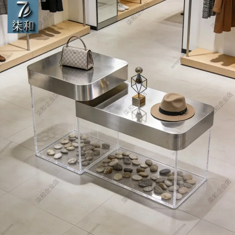 Simple clothing store stainless steel acrylic middle island table flowing water table women's clothing store display table decor