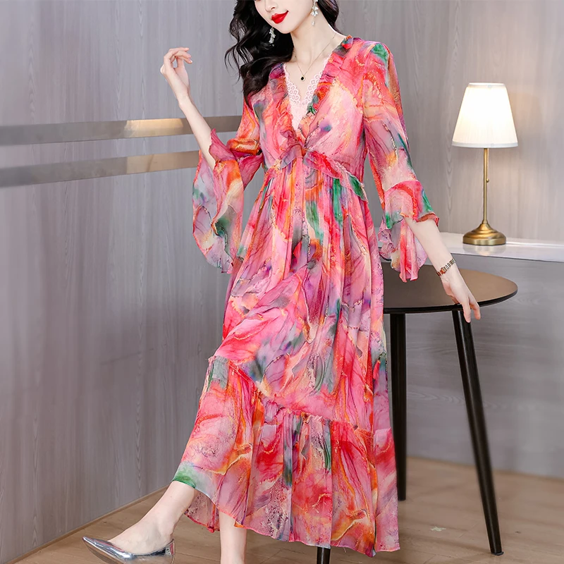 

Women's Dress 2024 Summer New French Style Three Quarter Sleeve Flounced Silk Chiffon Floral Print Dresses