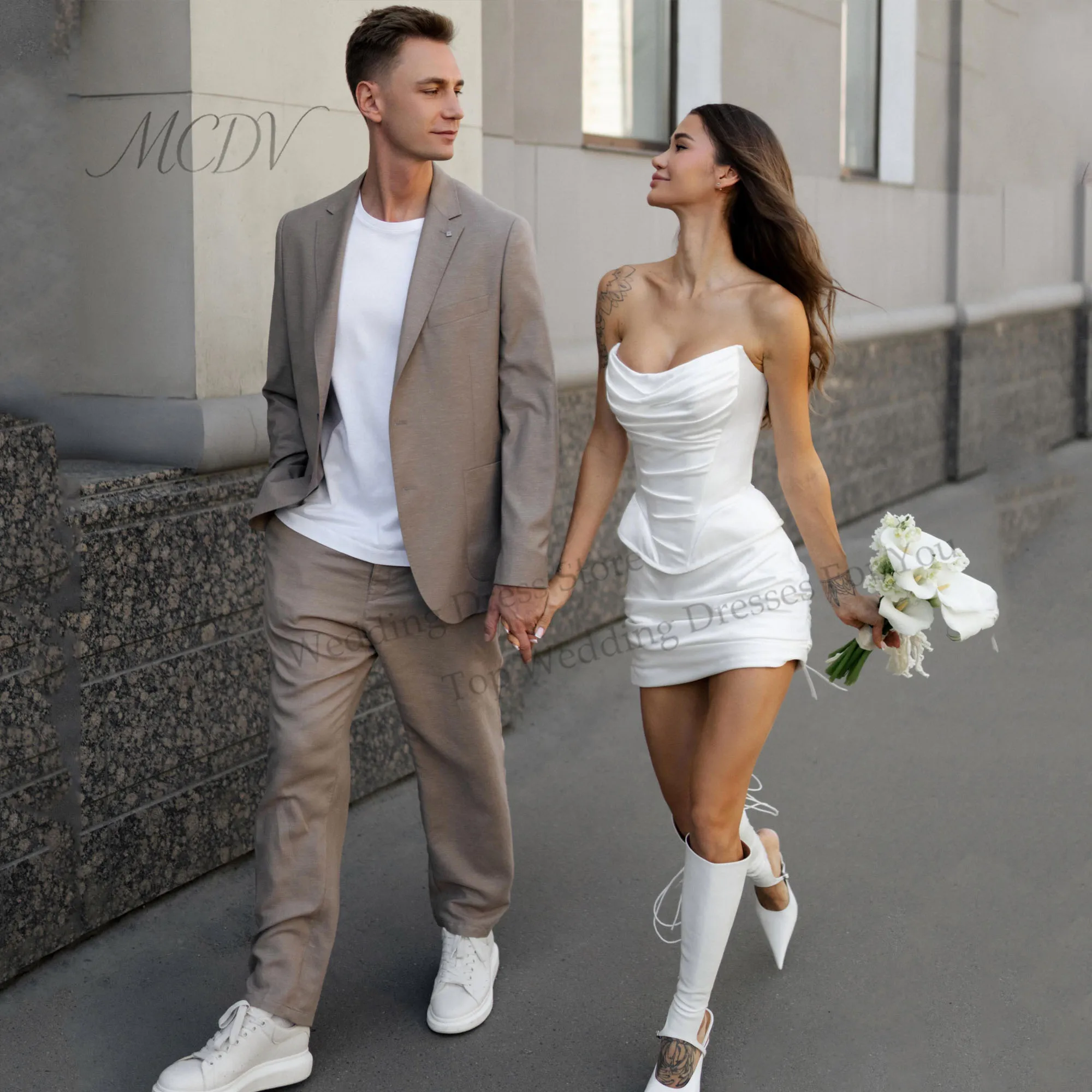 Mini Wedding Dress Ruched Short Two Piece Short Corset Back Civil Elopement Bridal Gown Engagement Bride Gowns Customized