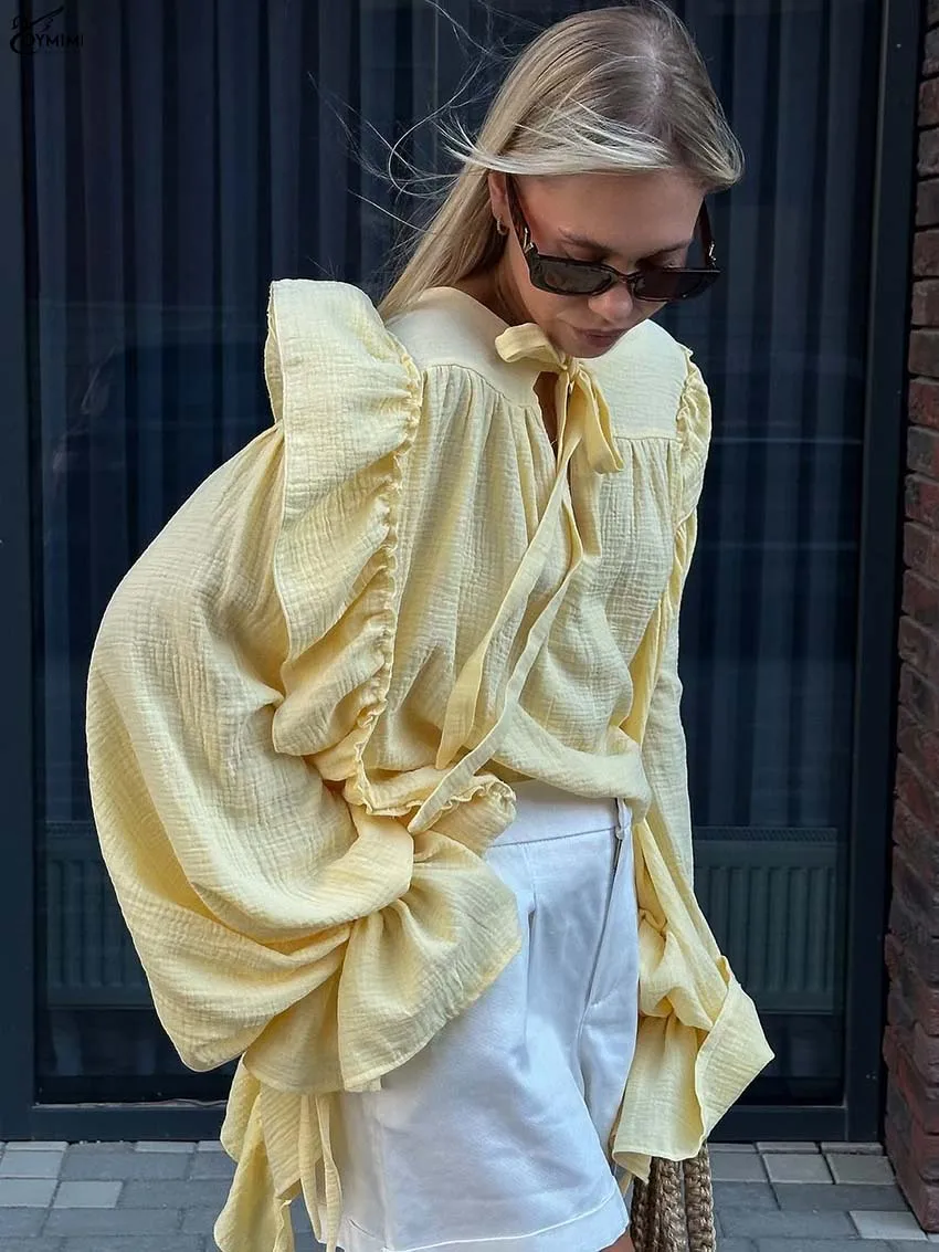 Oymimi Casualowe Żółte Koszule Damskie z Bawełny Eleganckie Bluzki z Dekoltem O-Neck, Falbankami, Długim Rękawem, Modne Bluzki Sznurowane, Luźne Bluzki Damskie