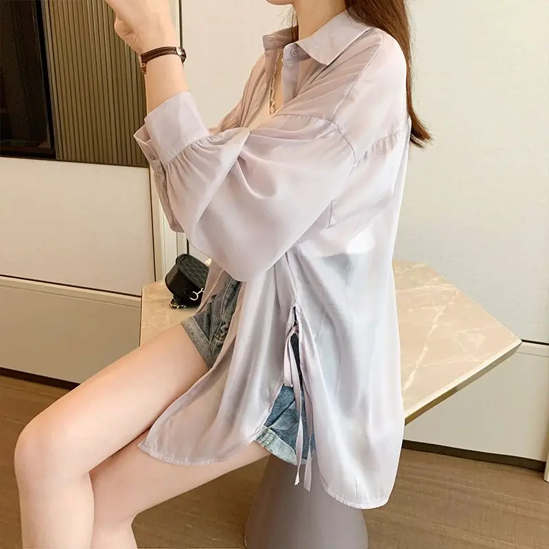 Shirts Women All-match Daily Turn-down Collar Tender Breathable Charming Youthful Style Long Sleeve Sun Protection Clothes Q756