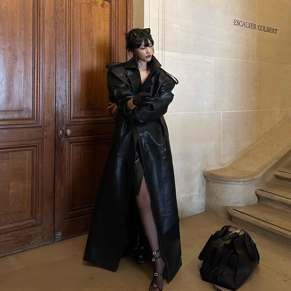 

Luxury High Quality Autumn Long Oversized Black Leather Trench Coat Women's PU Leather Jacket Lapel Collar Belt Double-Breasted