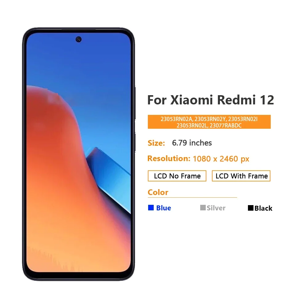 For Xiaomi Redmi 12 LCD 23053RN02A Display Touch Screen Panel Digitizer For Redmi12 Display Frame