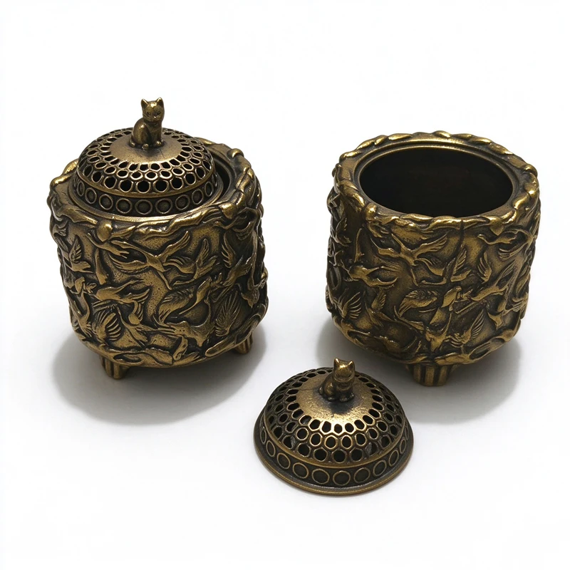 retro solid Brass Crane Cat Lid Incense Burner Home Decoration Desk Ornament Accessories Sandalwood Censer Figurine