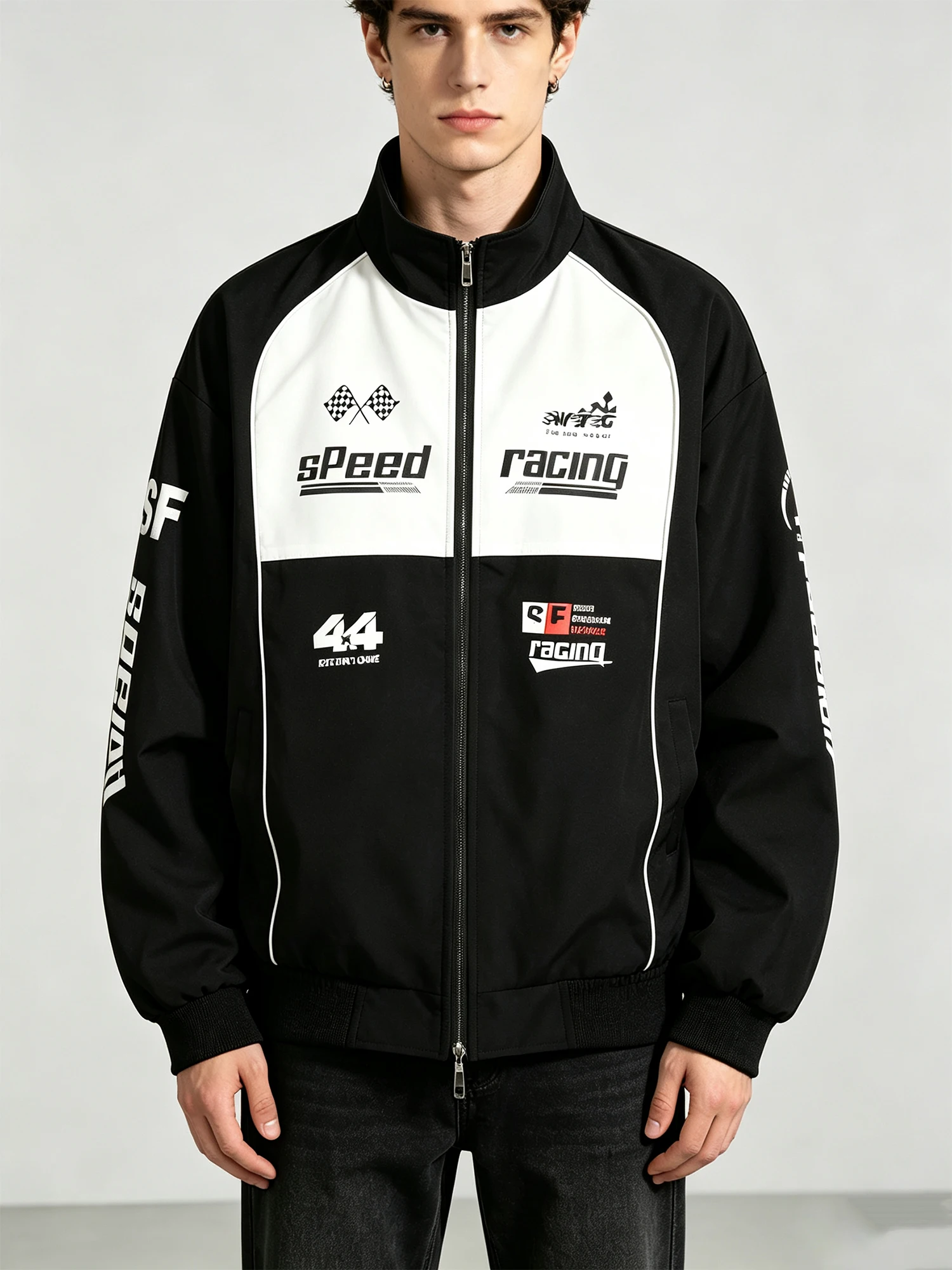 Windbreaker Men Zip - Men Racing Jacket Black White Color‑block