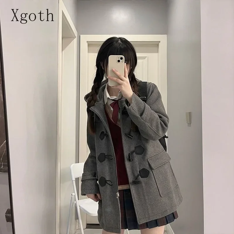 السيدات معاطف الخريف/الشتاء جديد سميكة الدافئة الصلبة مقنعين صف واحد البقرة القرن زر أكاديمية نمط معطف الصوف الملابس النسائية