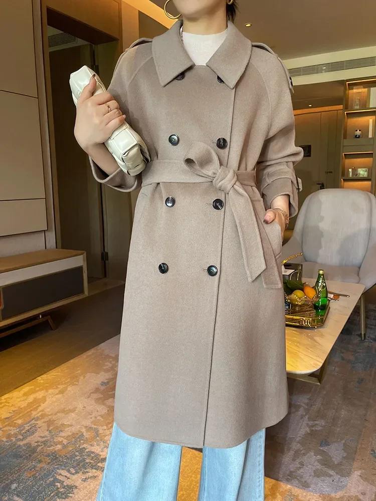 

Classic Trench Coat Women 100% Wool Long Coat Turn-down Collar Belt Double Layer Notch Lapel Waterloo Overcoat Fall Winter