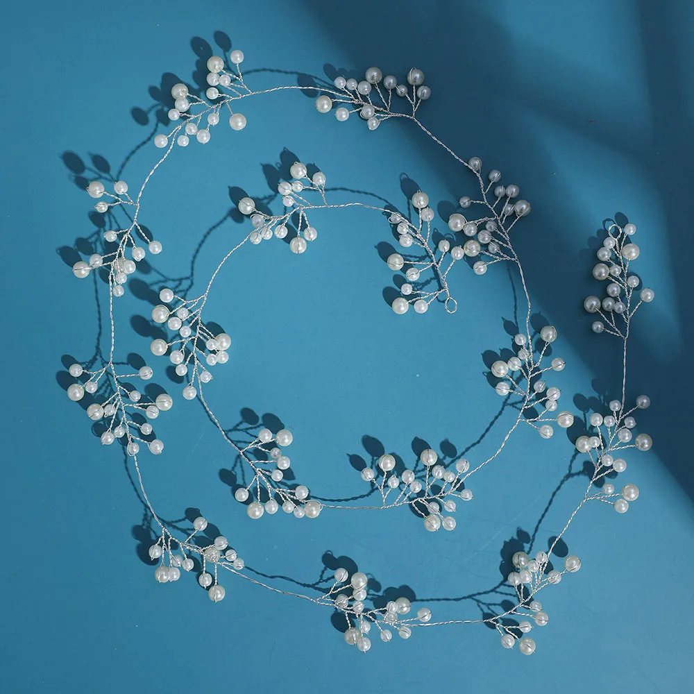 SLBRIDAL Handgefertigtes Langes Blumen- und Blätter-Haarband mit Strass und Perlen, Brautschmuck, Hochzeits-Kopfschmuck für Brautjungfern und Frauen – Detail 4