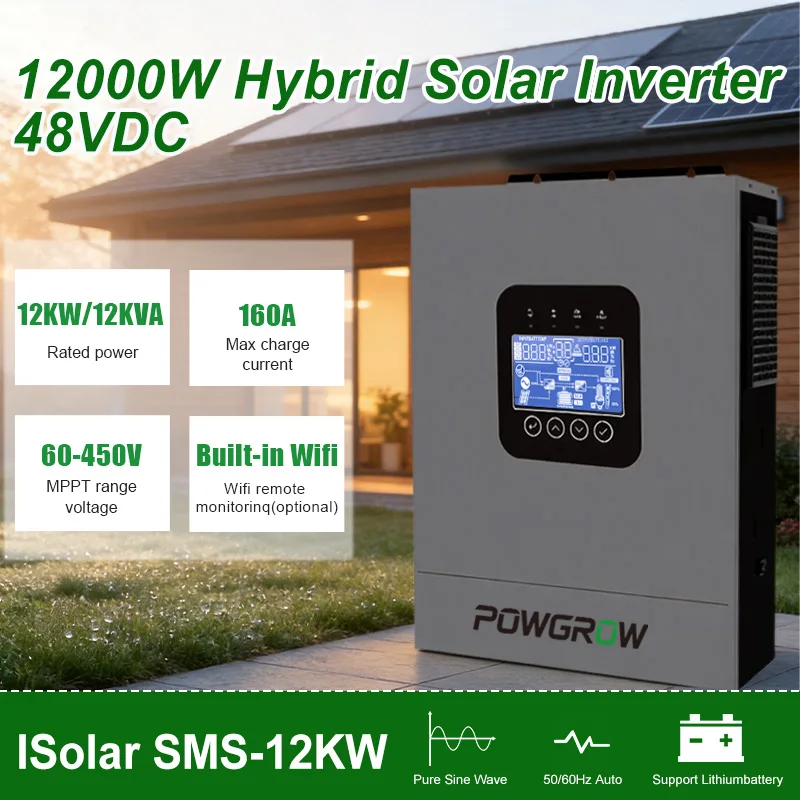 POWGROW Dual Output 12KW 48V Hybride Solar Inverter 160A MPPT Solar Charger 230VAC Dubbele PV Ingang Max PV 450VDC Ingebouwde Wifi