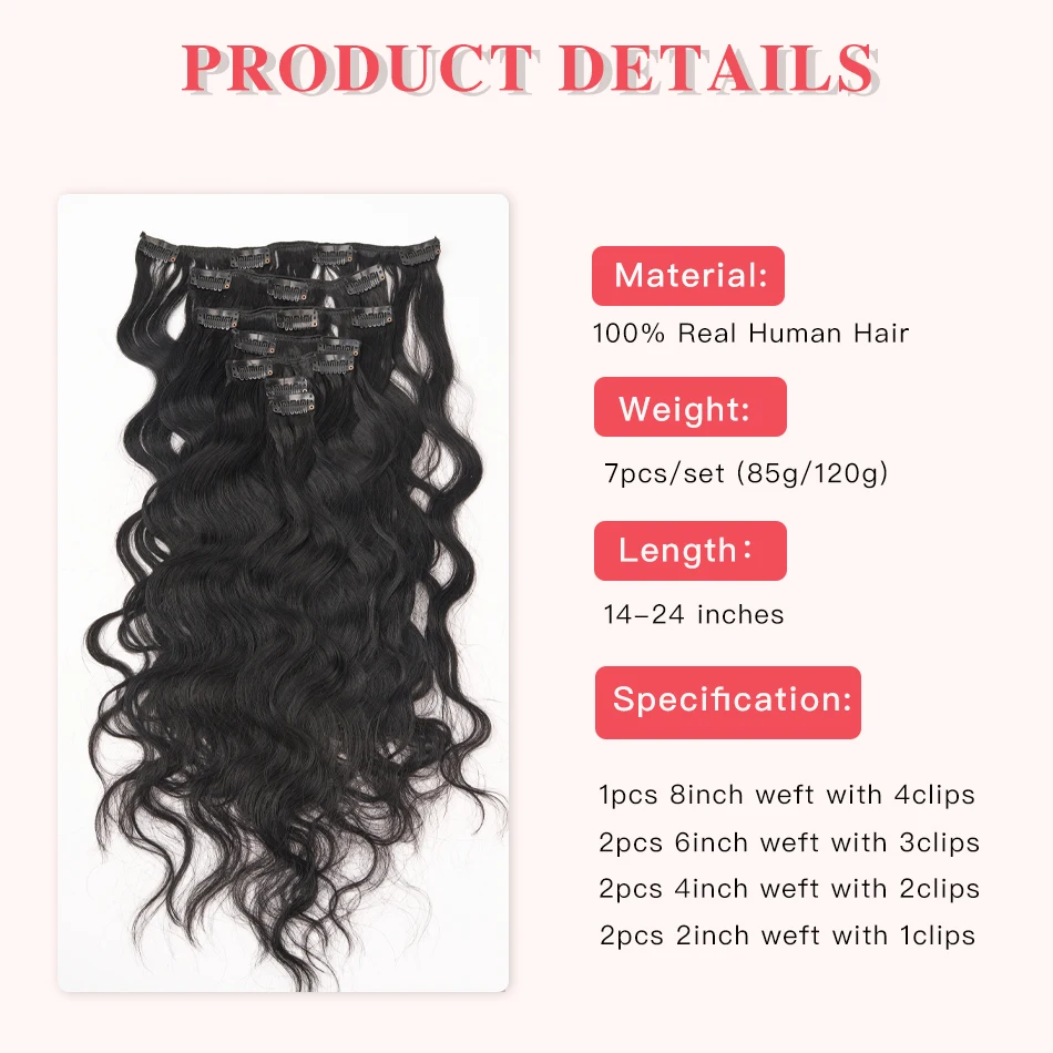 Natural Wave Clip in Hair Extensions 100% Real Human Hair Jet Black Brazilian Double Weft Clip in Extensions Full Head 7pcs 120g