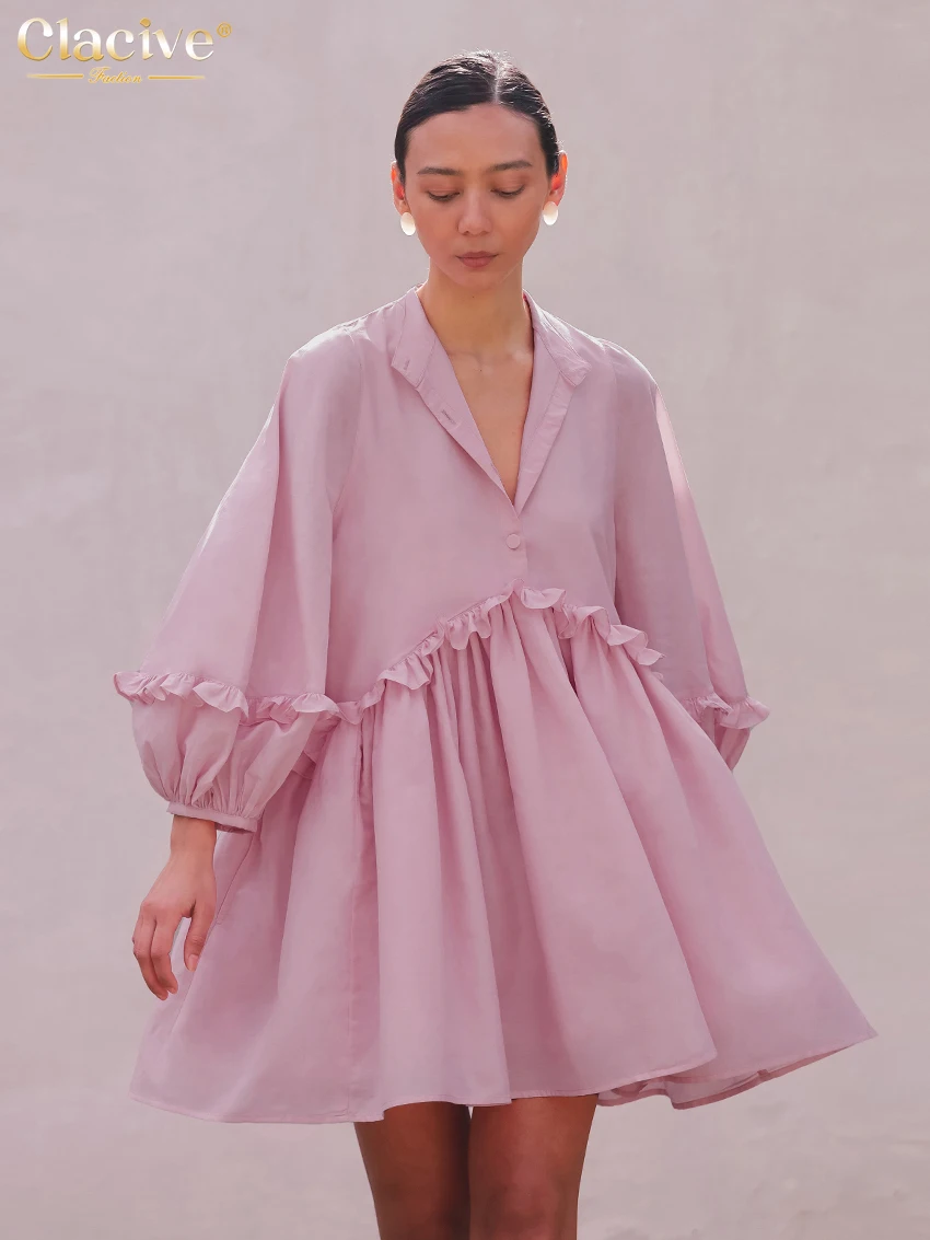 Clacive Casual Loose Pink Women's Dress 2024 Elegant Lapel Puff Sleeve Mini Dresses Fashion Classic Ruffle Pleated Female Dress