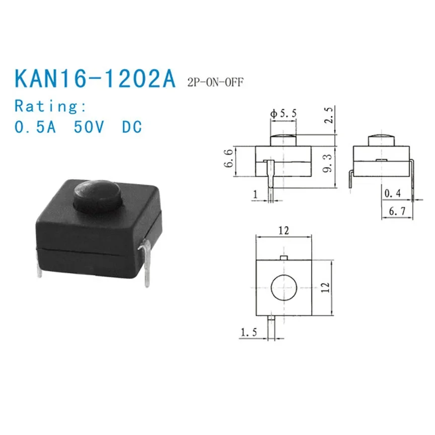 12x12mm Flashlight Switch CREE XPE Q5 T6 Central DIY Parts 2P- ON- OFF Electric Torch Switches KAN16-1202A 3PCS/Lot image 4