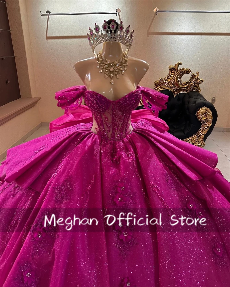 Fuchsia 3D Flower Quinceanera Dresses Bead Appliques Bow 2025 Birthday Luxury  Dress Off The Shoulder Princess Gown Customized