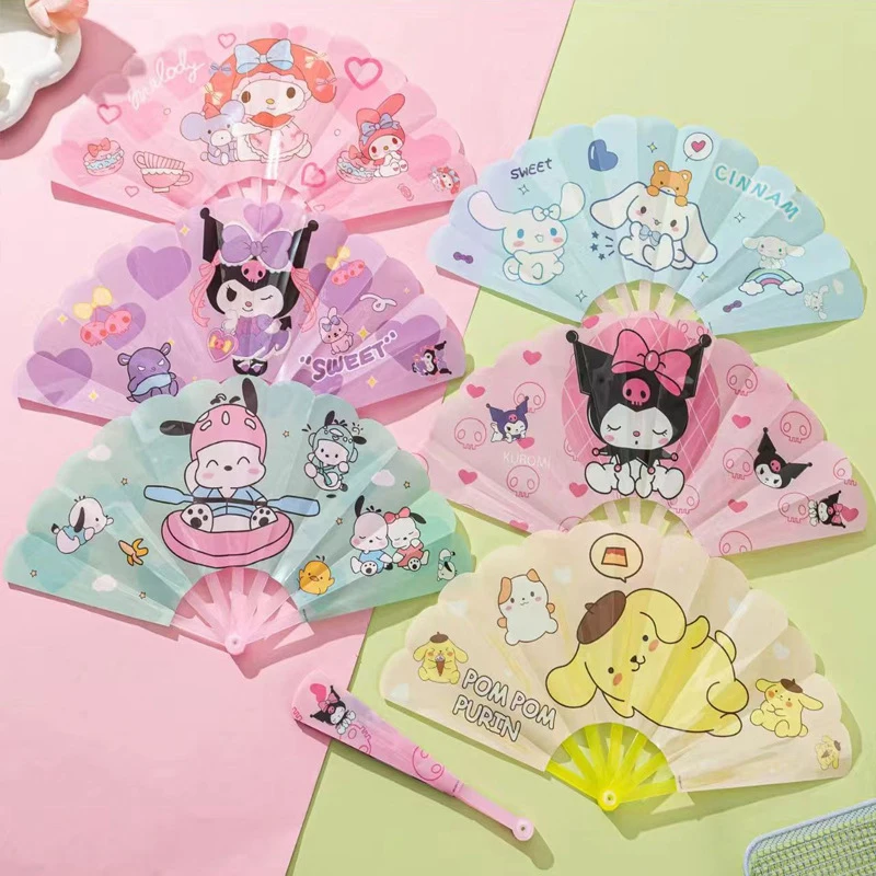 50pcs Sanrio Kuromi My Melody Cinnamoroll Seven Fold Fan Anime Cartoon Pom Pom Purin Portable Summer Folding Fan Gifts Wholesale