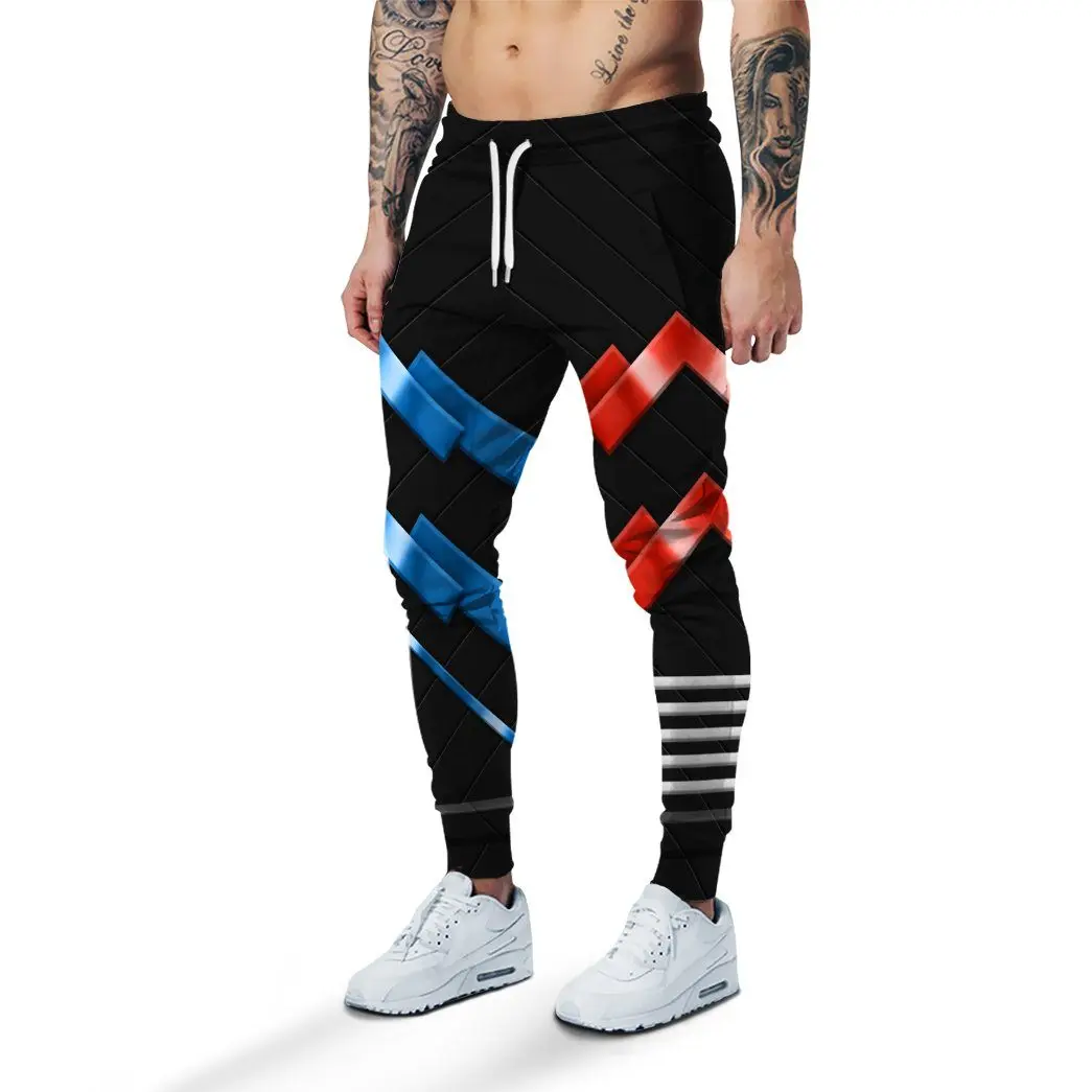 Men Trendy Drawstring Joggers – Retro Street-Style Sweatpants with Geometric Prints Color-Blocking; Suitable Fitness Casual Wear