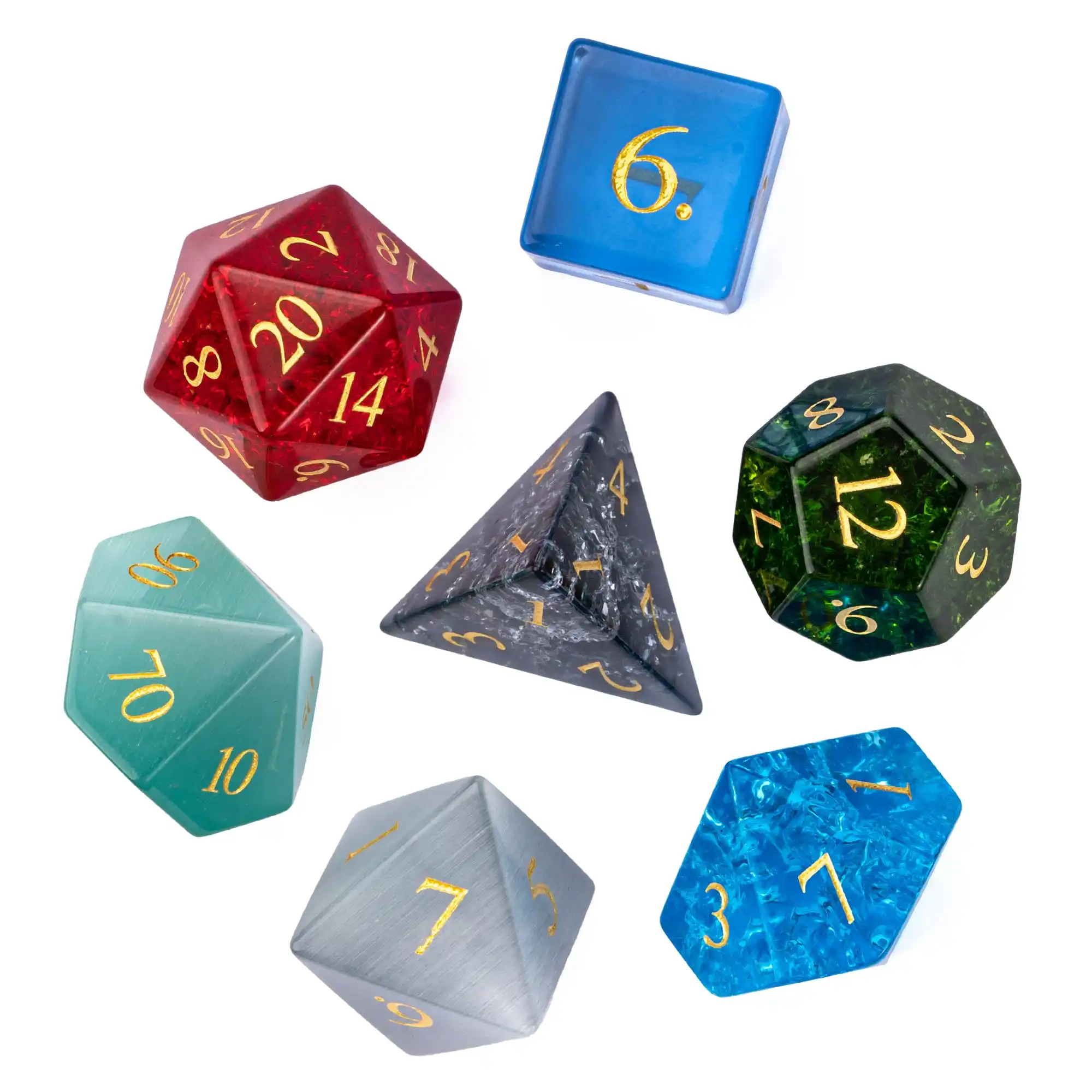 Cusdie 7 Bulk Stone Glass DND Dices Random Color Gemstone Dice Set D4 D6 D8 D10 D% D20 Polyhedral Dice for Board Game Collection