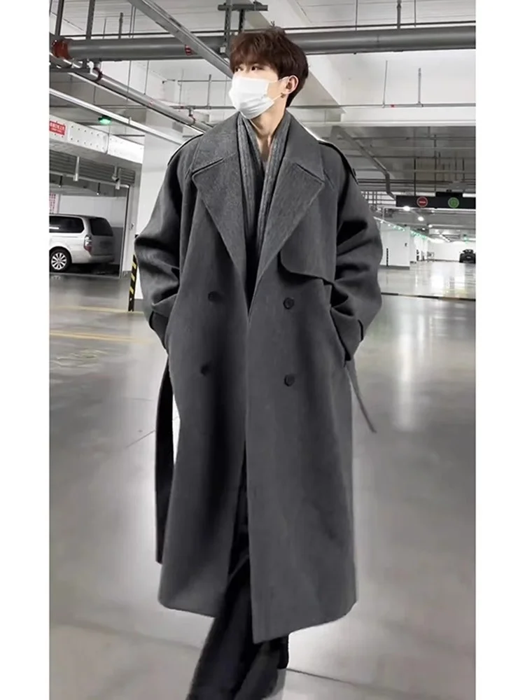 Korean Style Men's Woolen Coat over Knee Length Winter Fashionable Casual Coat Cleanfit Suit Jacket Polyester Fiber Warmth