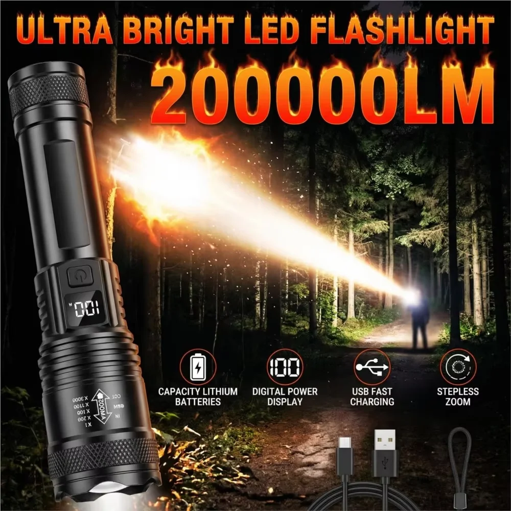 USB Rechargeable LED Flashlight Bright High Lumens,Zoomable Waterproof Torch,Portable Handheld Light for Outdoor Camping Hiking