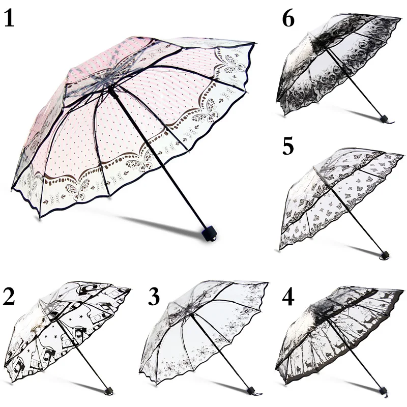 Creative Transparent Long-handle Rain Umbrella Ultra Light Women Kids Parasol Sunny Umbrella Semi-automatic Princess Umbrellas